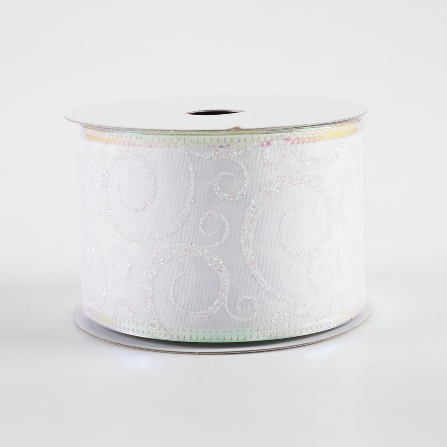 2.5" Satin Swirl Metallic Edge Ribbon: White & Iridescent (10 Yards)
