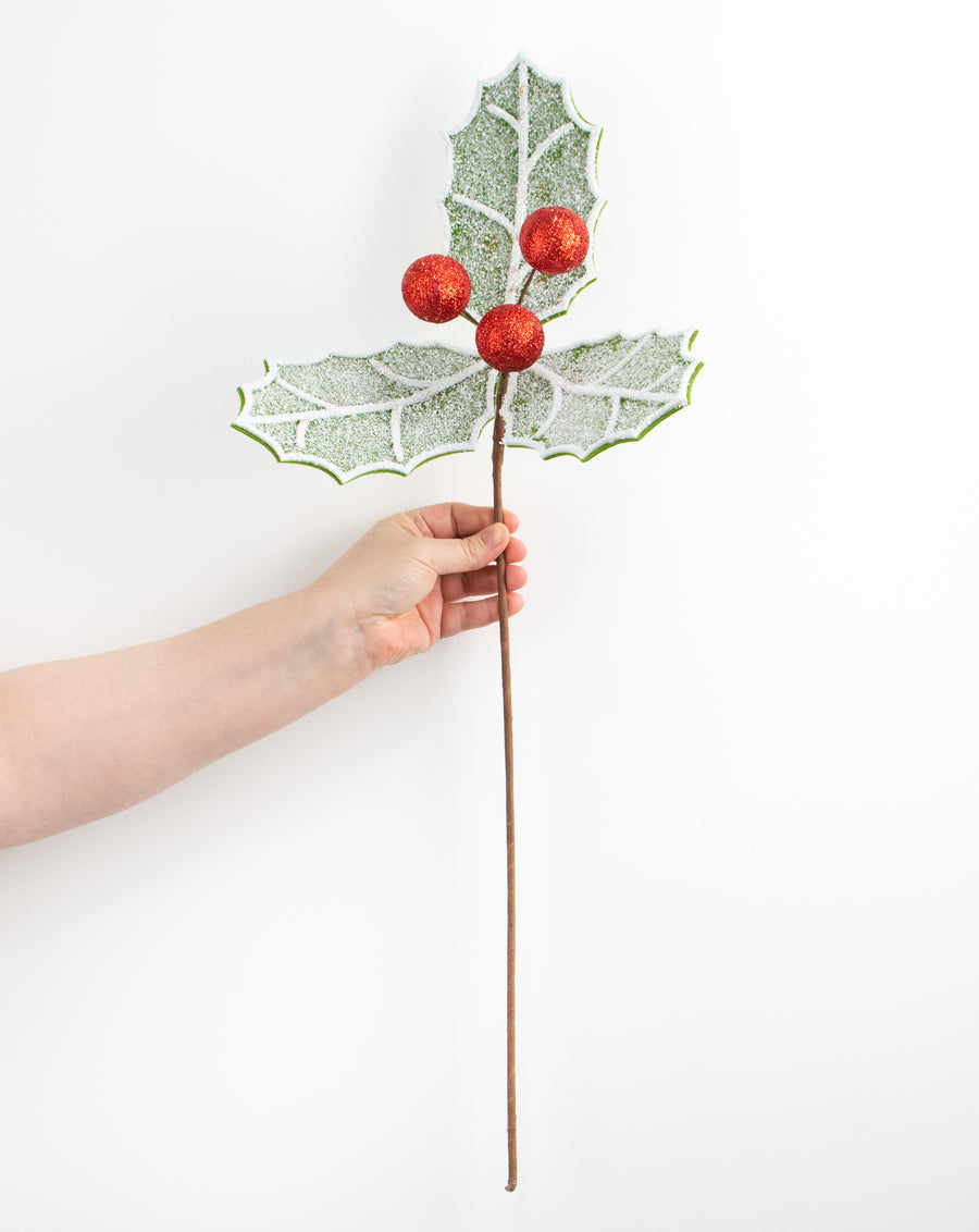 20" Snow Holly Leaf Cluster Stem