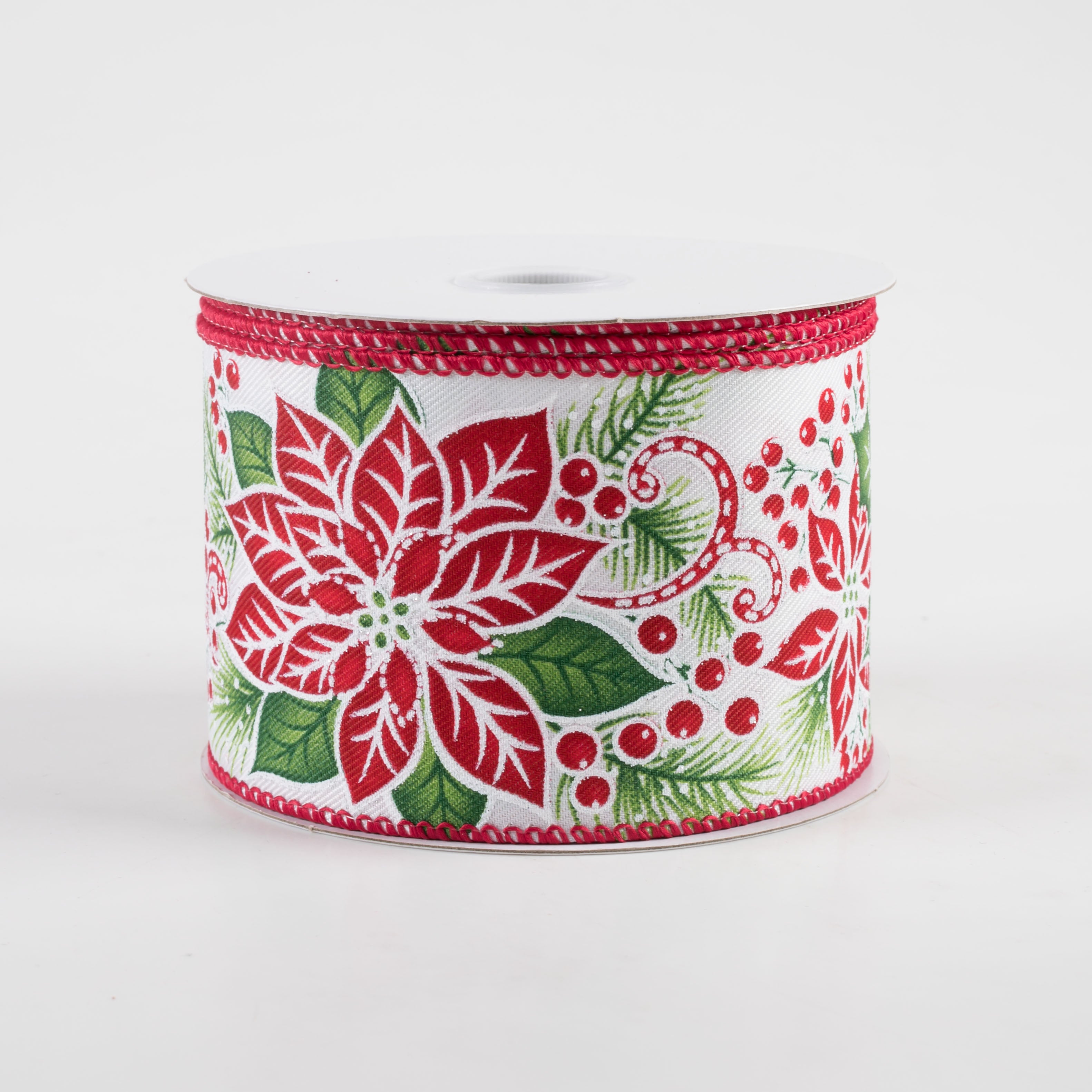 2.5" Poinsettias, Holly, Red Edge Ribbon (10 Yards)