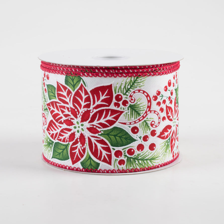 2.5" Poinsettias, Holly, Red Edge Ribbon (10 Yards)