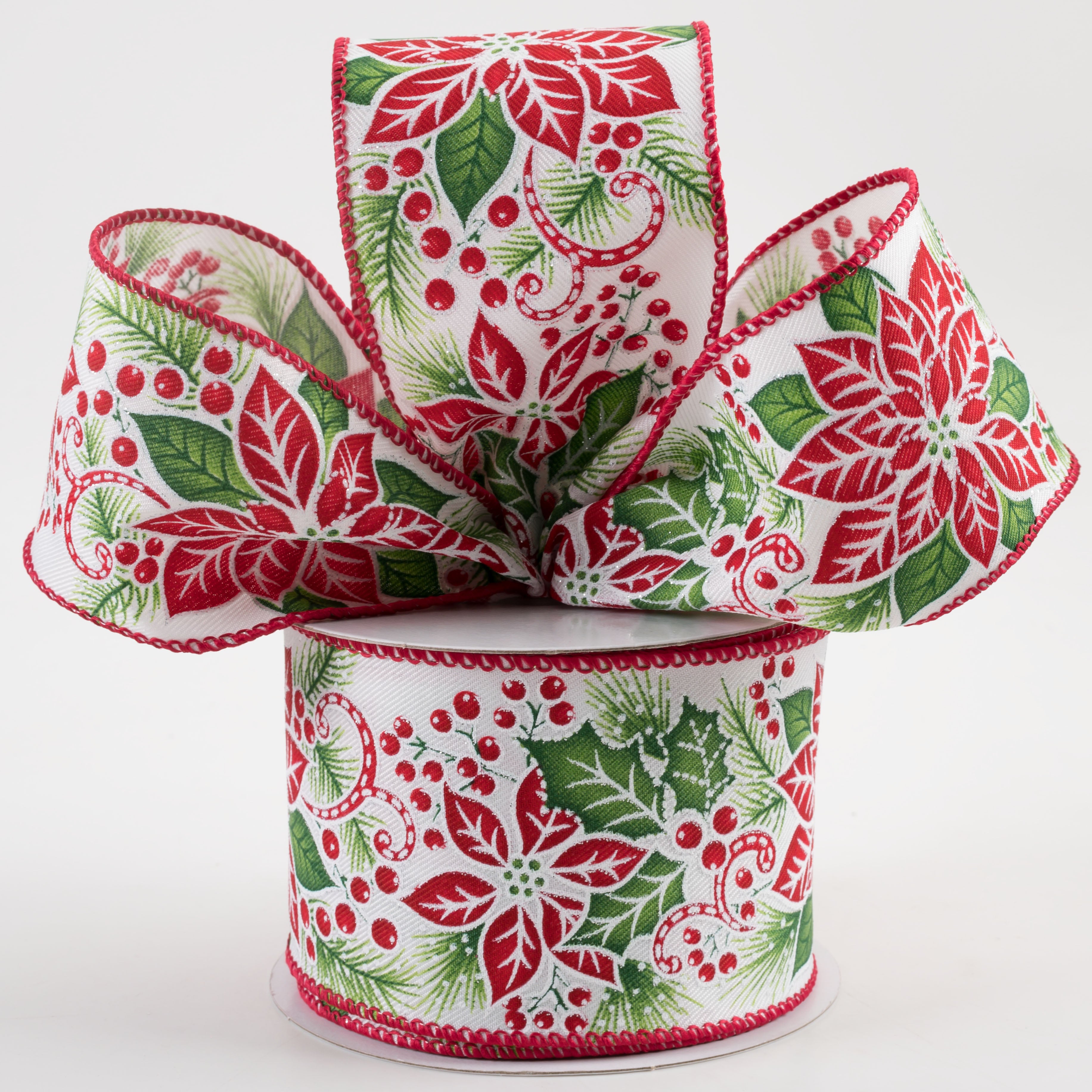 2.5" Poinsettias, Holly, Red Edge Ribbon (10 Yards)