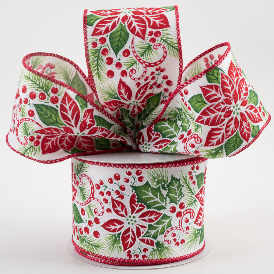 2.5" Poinsettias, Holly, Red Edge Ribbon (10 Yards)