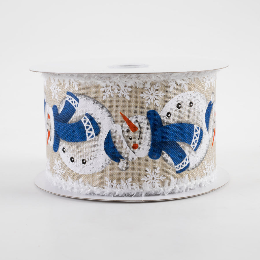 2.5" Snowman White Snow Edge Ribbon: Natural & Navy (10 Yards)