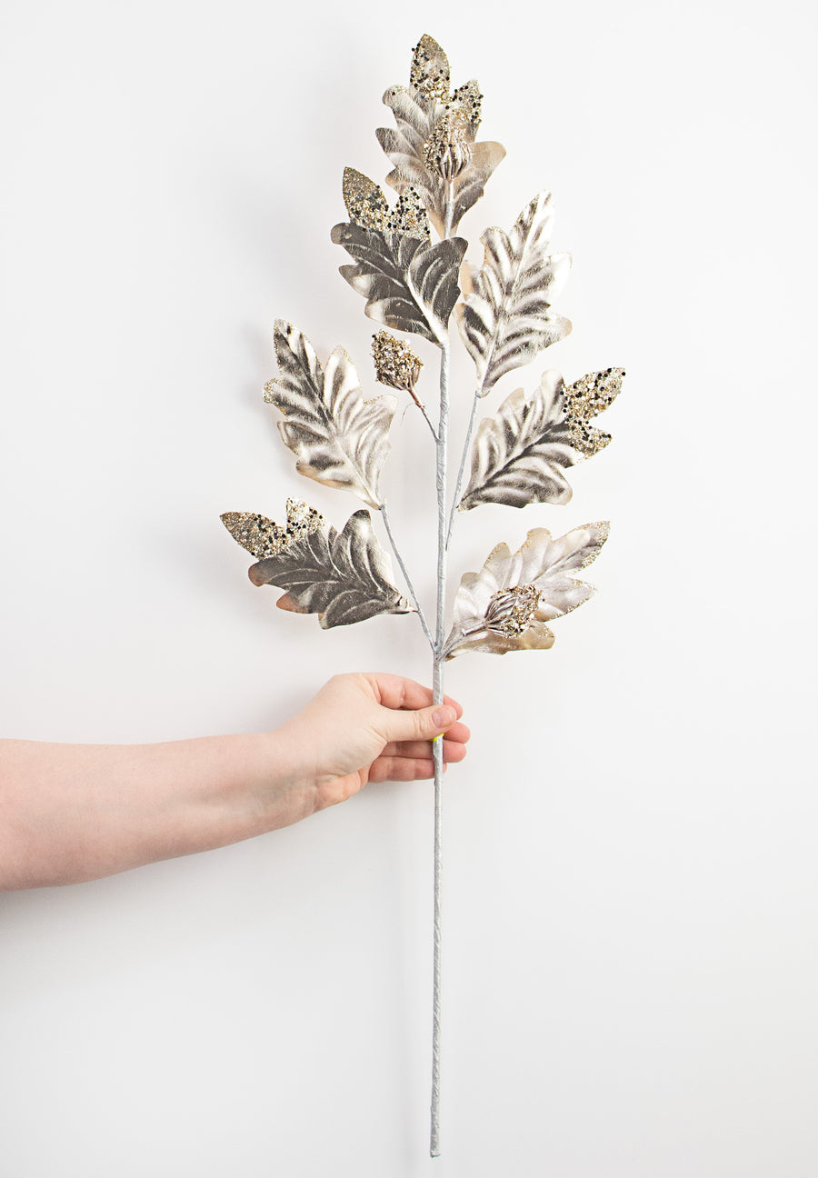 30" Metallic Holly Leaves Spray: Champagne