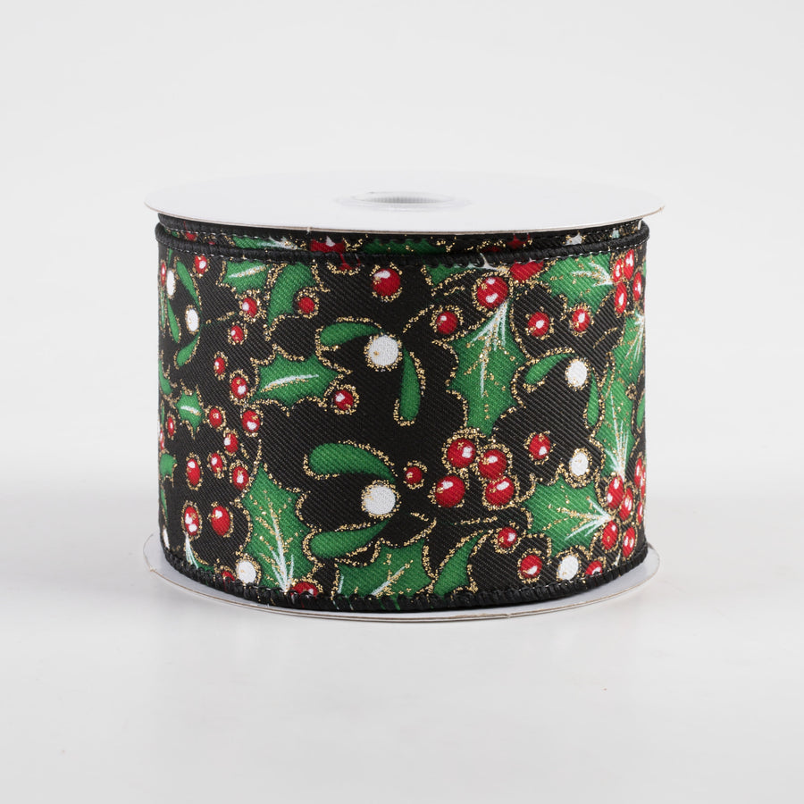 2.5" Holly Gold Glitter Ribbon: Black (10 Yards)