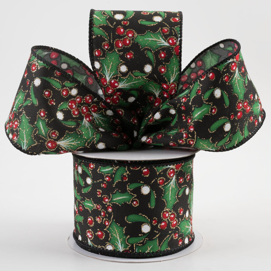 2.5" Holly Gold Glitter Ribbon: Black (10 Yards)