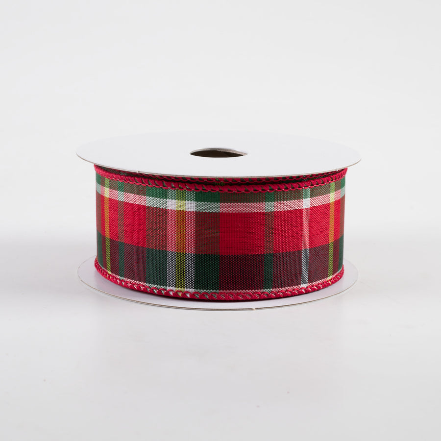 1.5" Allen Plaid Ribbon: Red, Emerald, Lime, White (10 Yards)