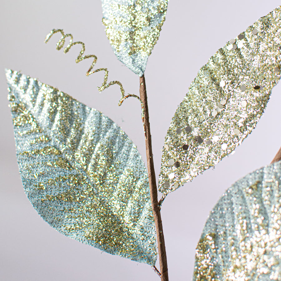 28" Metallic Leaves Spray: Dusty Blue & Champagne