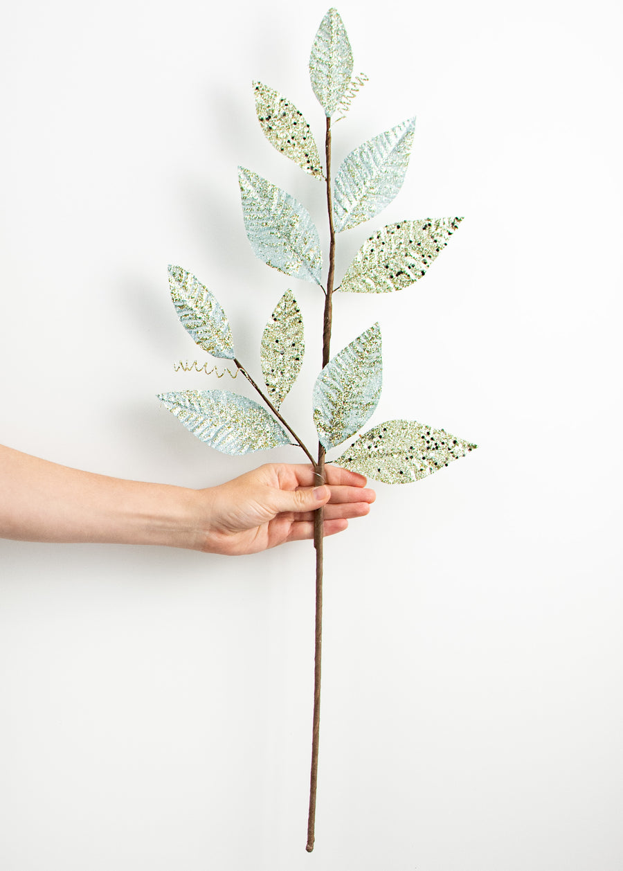 28" Metallic Leaves Spray: Dusty Blue & Champagne
