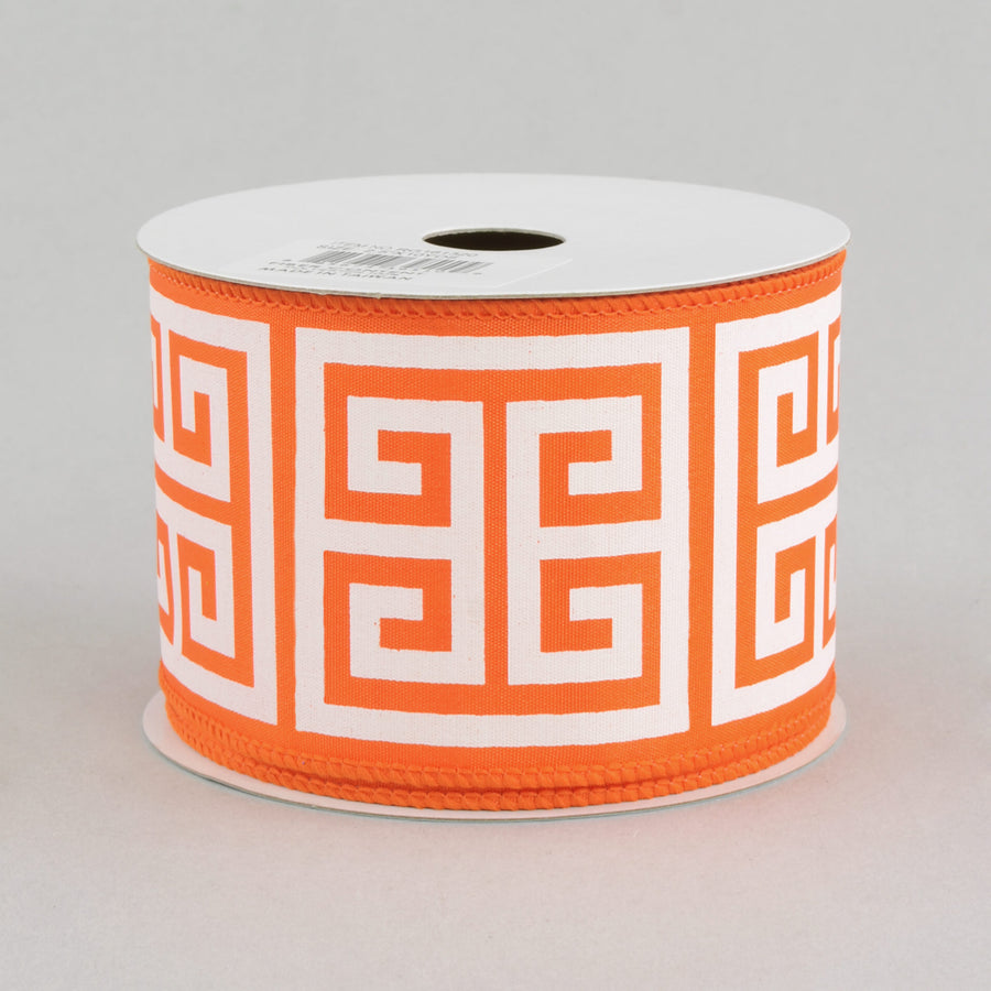 2.5" Greek Key Satin Ribbon: Orange & White (10 Yards)