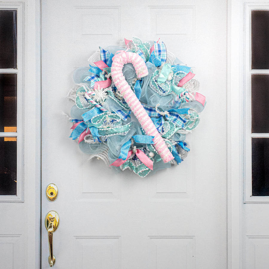 20" Snowy Peppermint Candy Cane Large Ornament: Pink & White