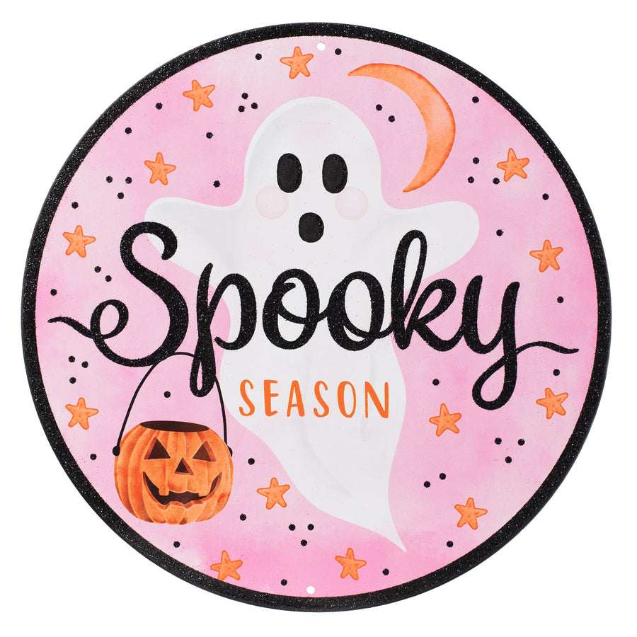12" Metal Sign: Pink & Orange Spooky Ghost