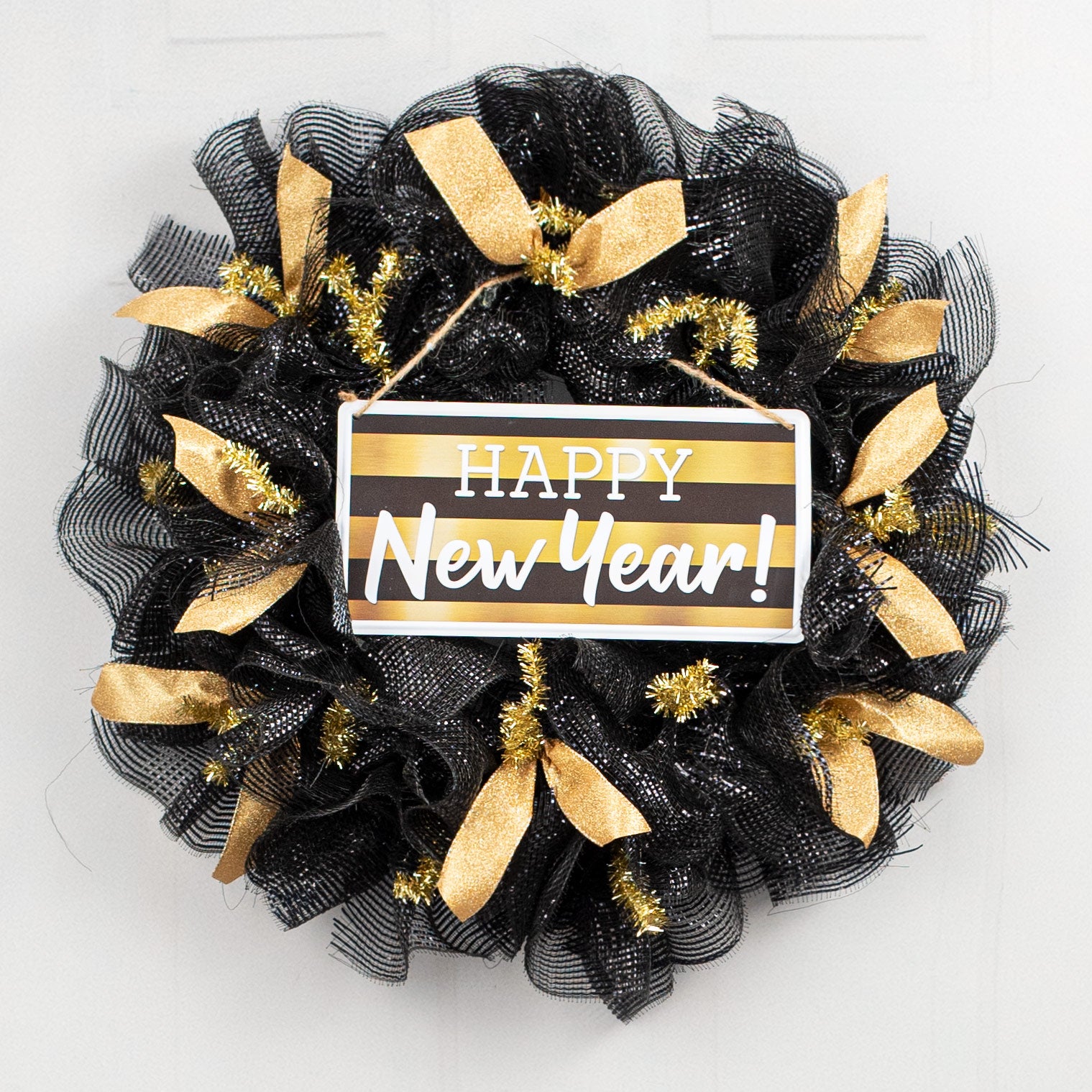 12" Embossed Metal Sign: Happy New Year Black & Gold