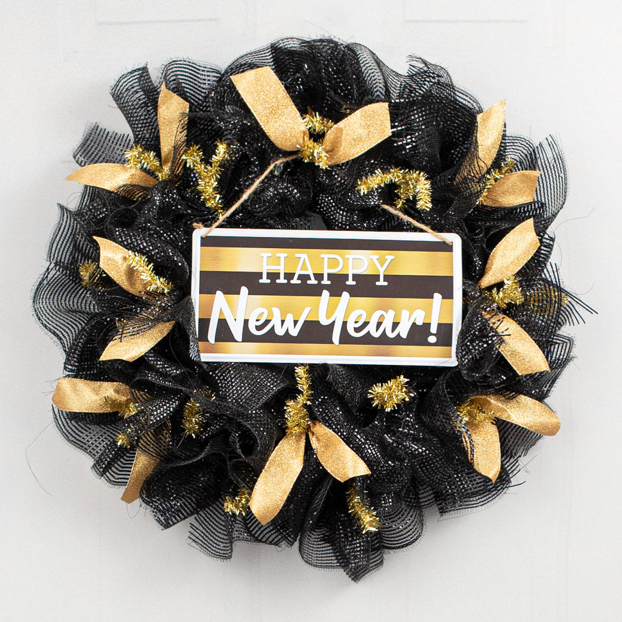 12" Embossed Metal Sign: Happy New Year Black & Gold