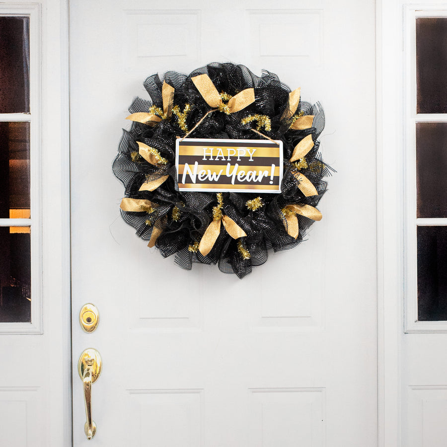 12" Embossed Metal Sign: Happy New Year Black & Gold
