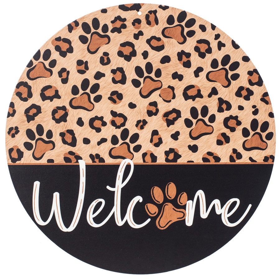 12" Metal Sign: Leopard Paw Print Welcome