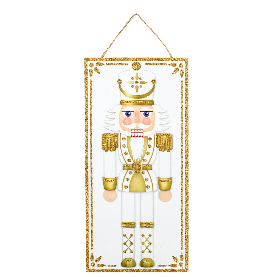 12" Wooden Sign: Glitter Nutcracker White & Gold