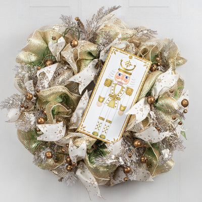 12" Wooden Sign: Glitter Nutcracker White & Gold