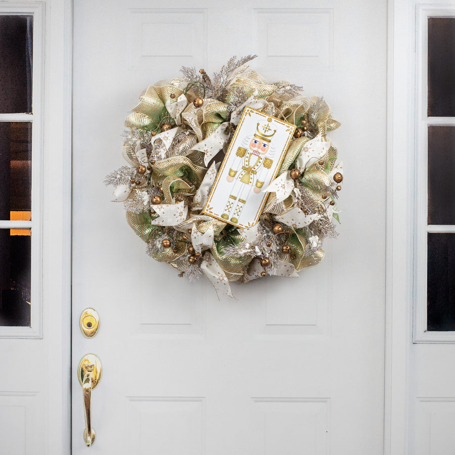 12" Wooden Sign: Glitter Nutcracker White & Gold
