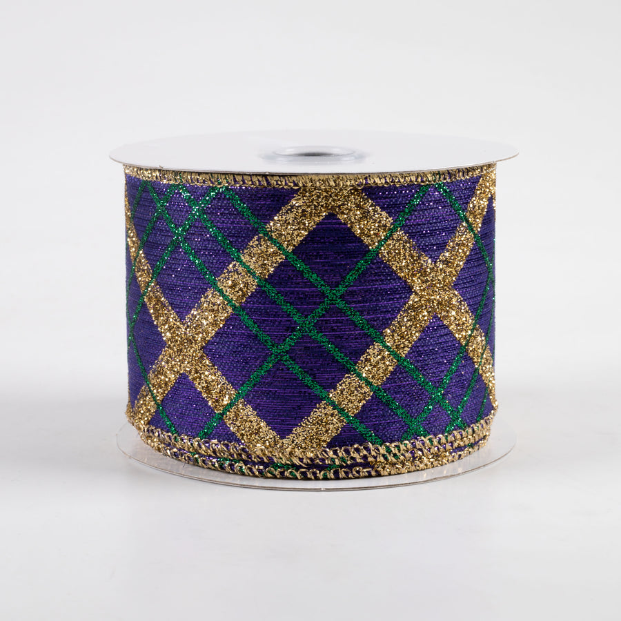2.5" Glitter Diagonal Plaid Ribbon: Purple Mardi Gras (10 Yards)
