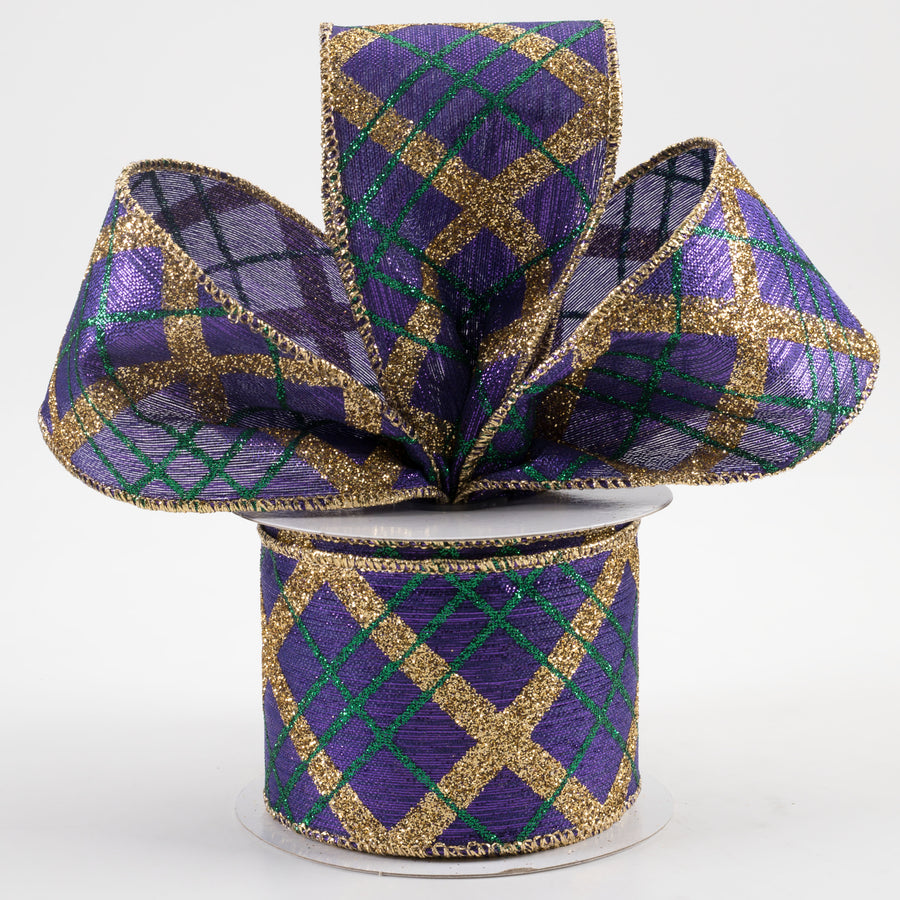 2.5" Glitter Diagonal Plaid Ribbon: Purple Mardi Gras (10 Yards)