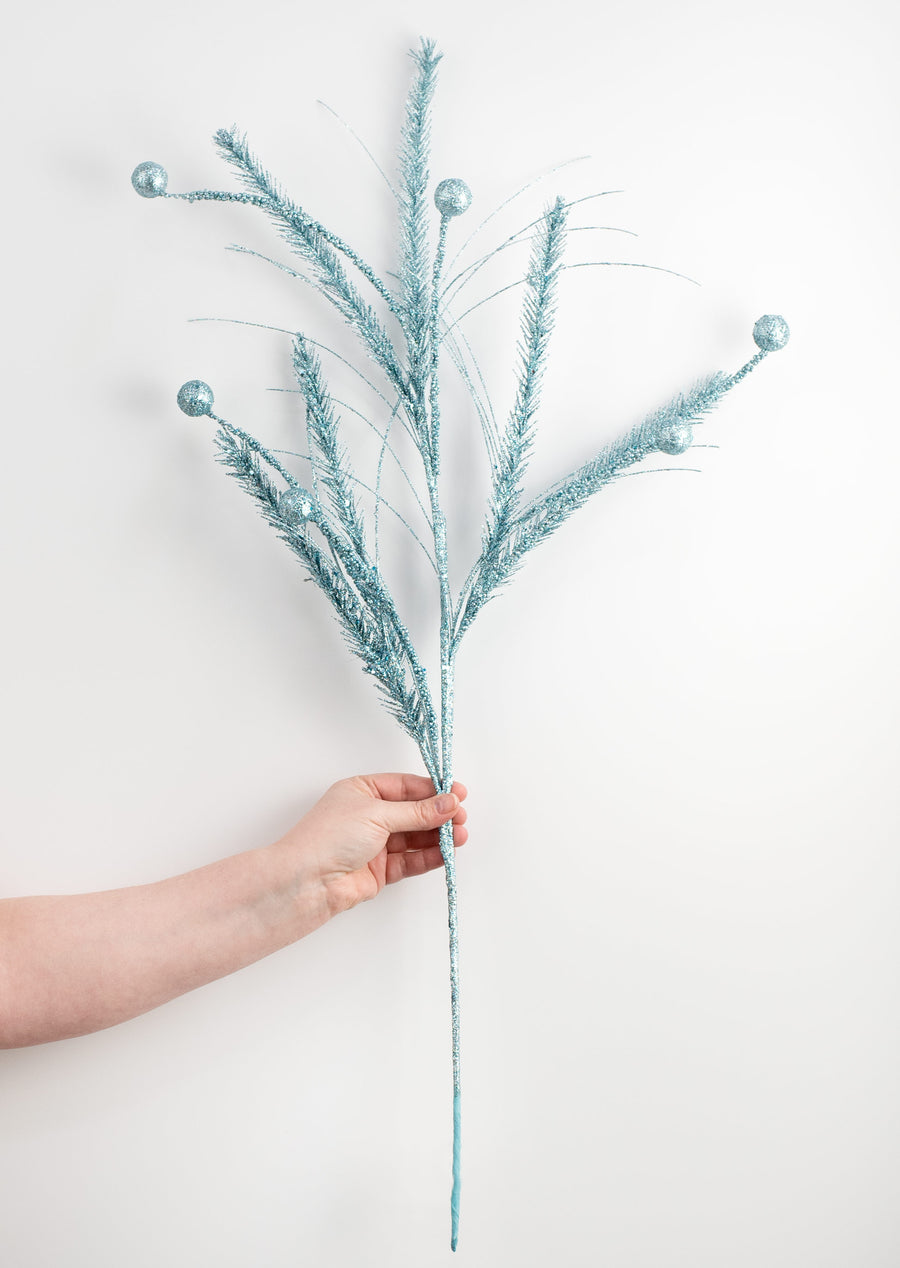 34" Glitter Pine Spray: Blue