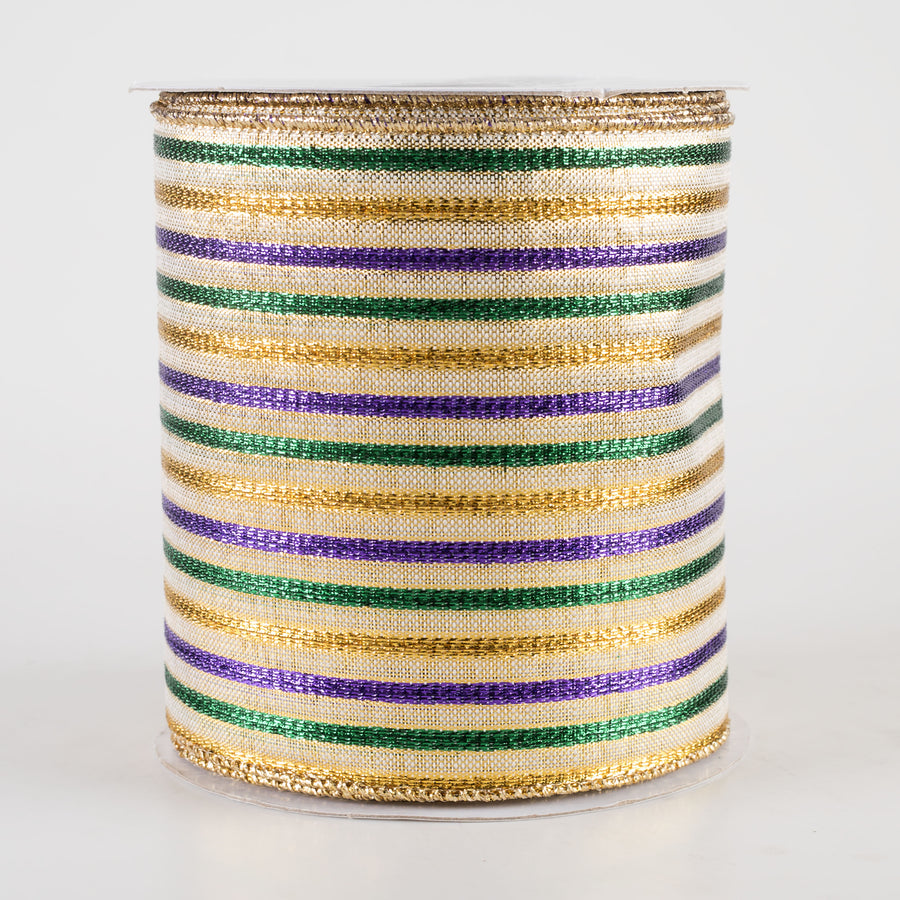 4" Woven Stripe Ribbon: Mardi Gras (10 Yards)