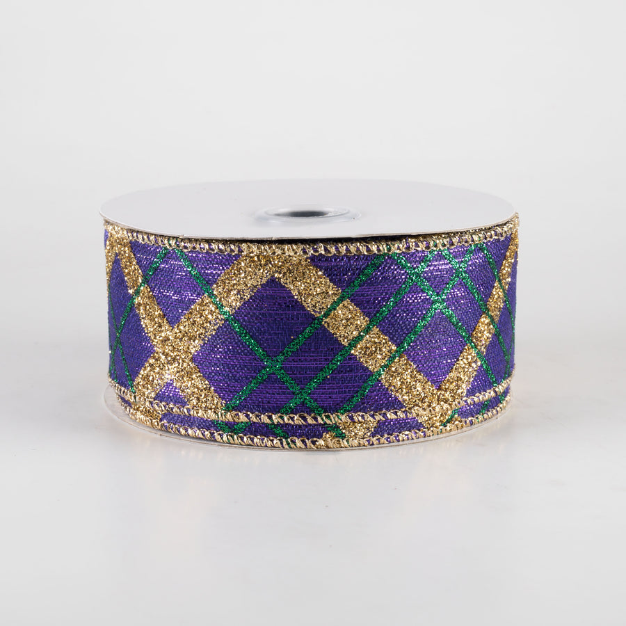 1.5" Glitter Diagonal Plaid Ribbon: Purple Mardi Gras (10 Yards)