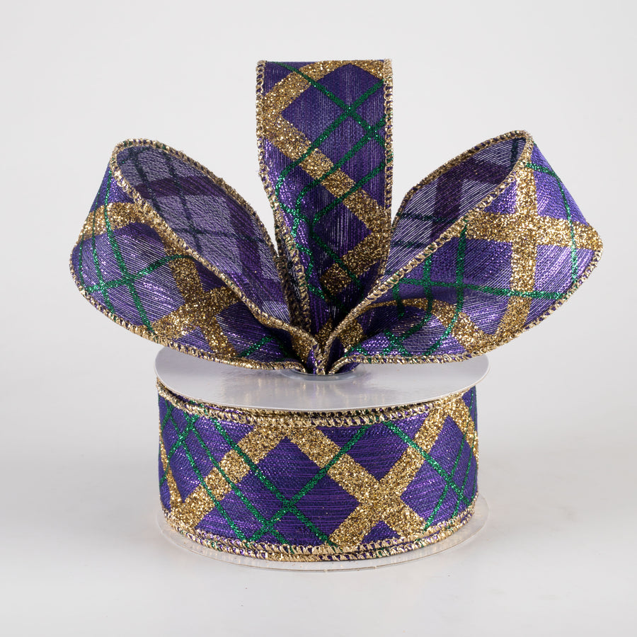 1.5" Glitter Diagonal Plaid Ribbon: Purple Mardi Gras (10 Yards)