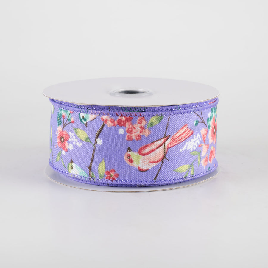 1.5" Birds With Floral Branches Ribbon: Lavender & Pink (10 Yards)