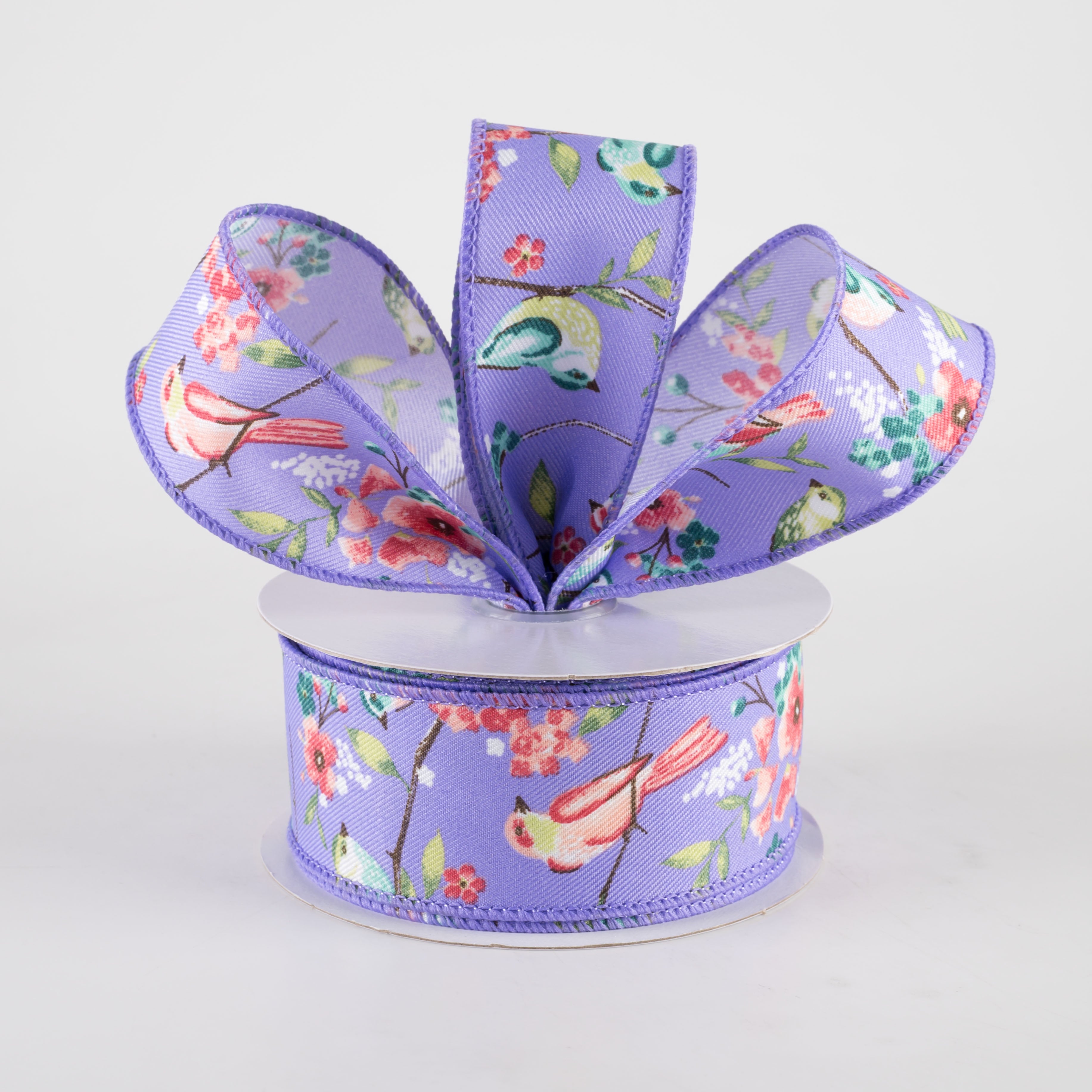 1.5" Birds With Floral Branches Ribbon: Lavender & Pink (10 Yards)