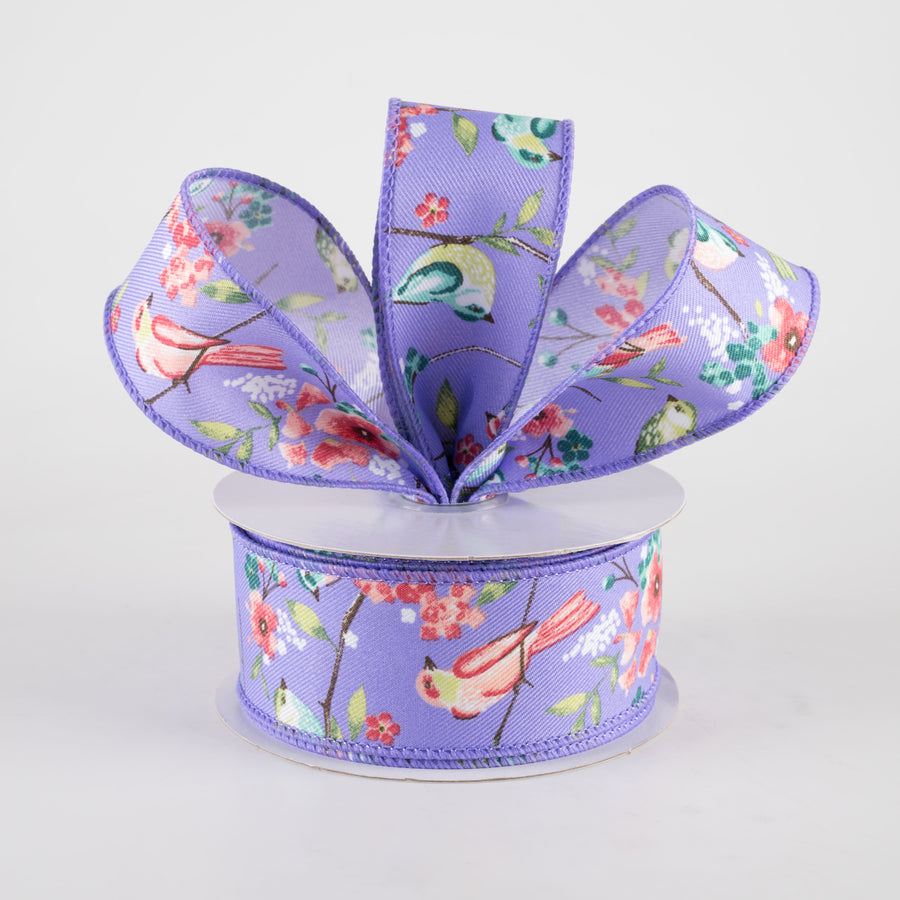 1.5" Birds With Floral Branches Ribbon: Lavender & Pink (10 Yards)