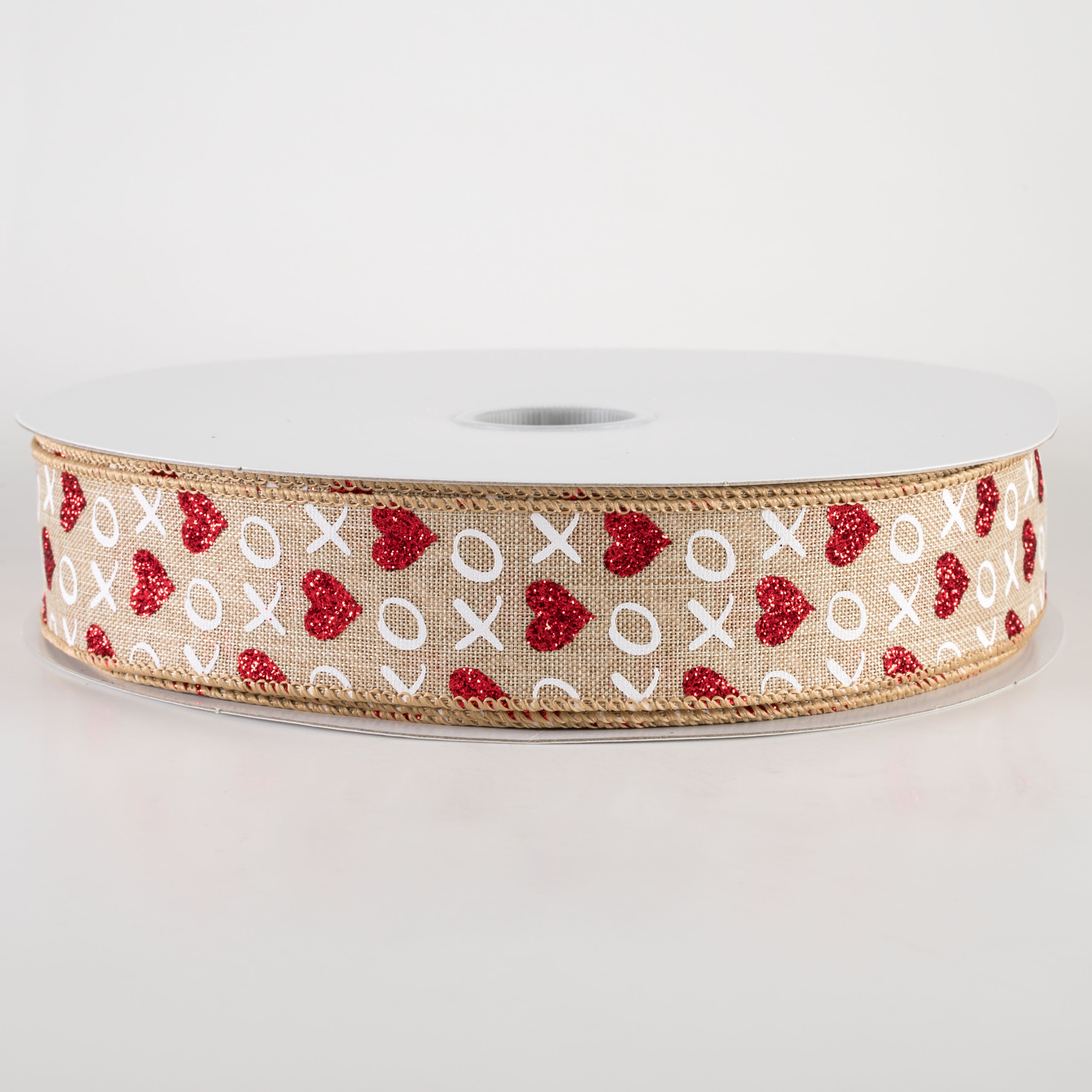 1.5" Linen Glittered XOXO Hearts Ribbon: Natural (50 Yards)