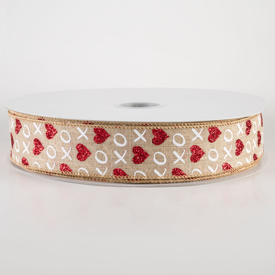 1.5" Linen Glittered XOXO Hearts Ribbon: Natural (50 Yards)