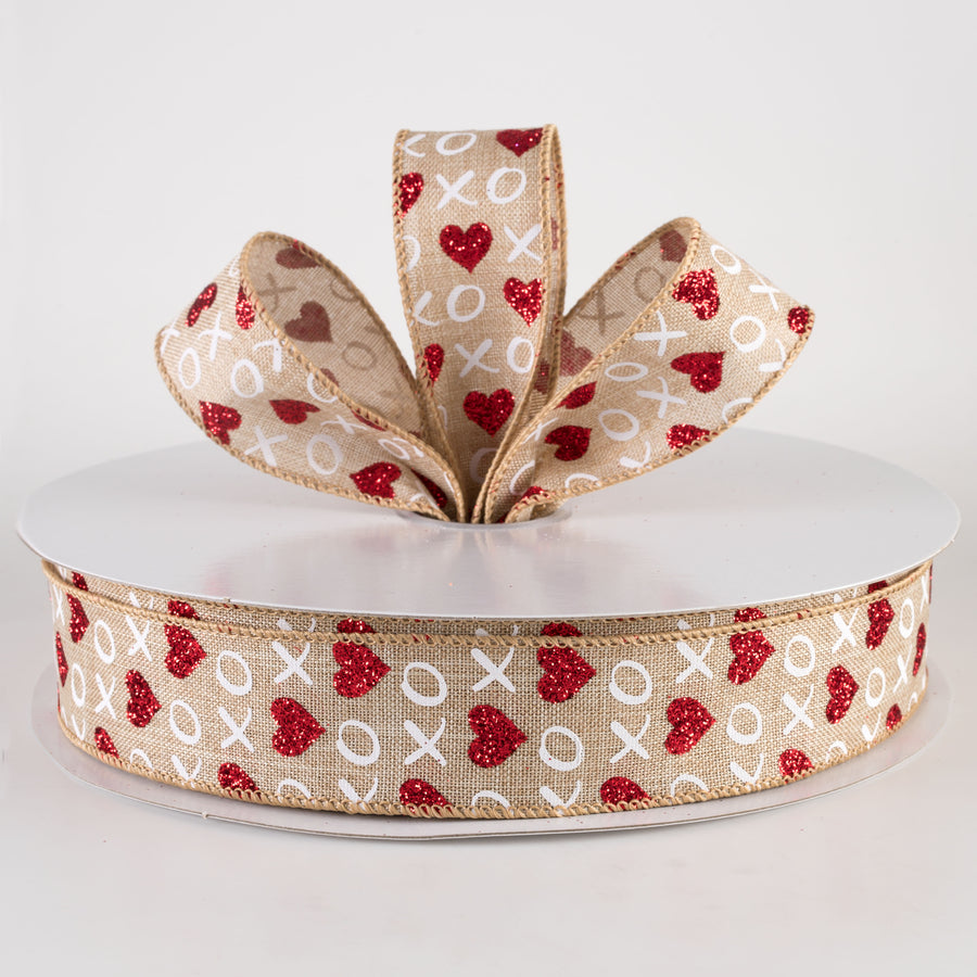 1.5" Linen Glittered XOXO Hearts Ribbon: Natural (50 Yards)