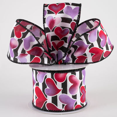 2.5" Ombré Hearts BW Satin Stripe Ribbon: Red, Pink, Lavender (10 Yards)