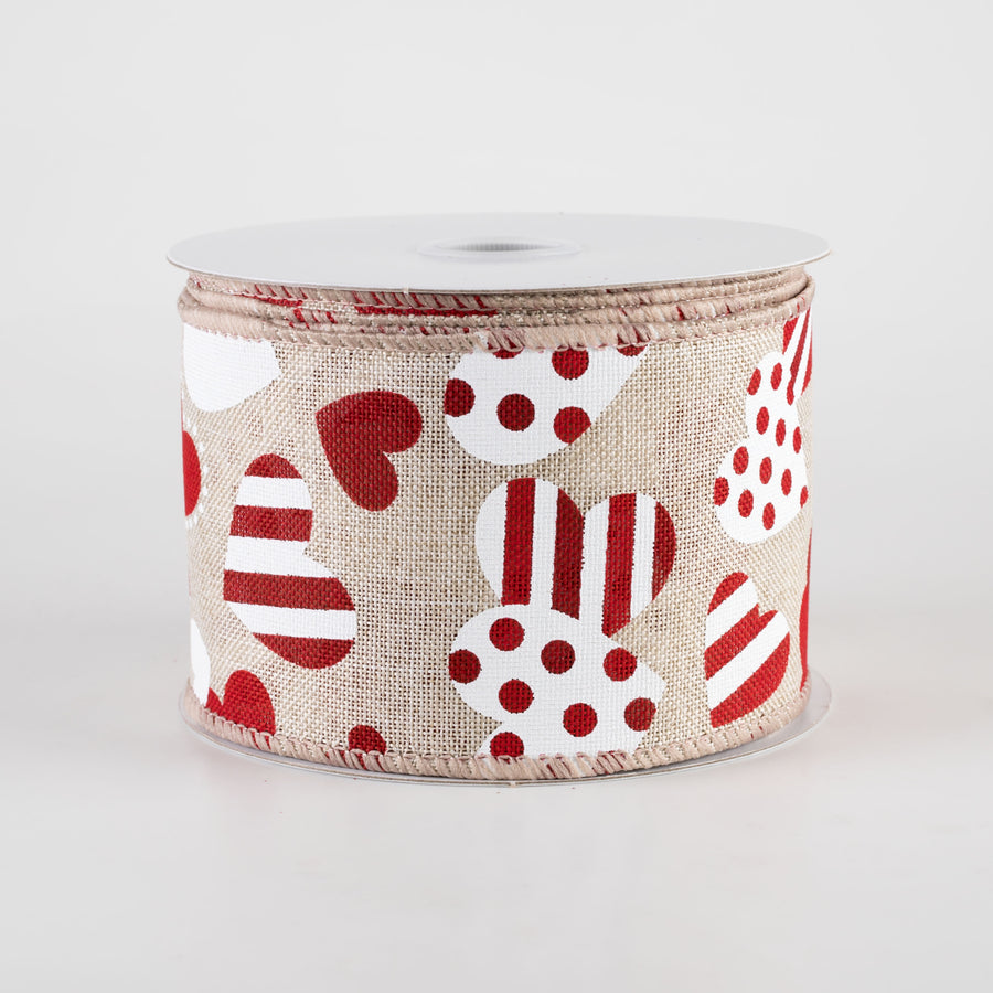 2.5" Striped & Dotted Hearts Linen Ribbon: Natural, Red, White (10 Yards)