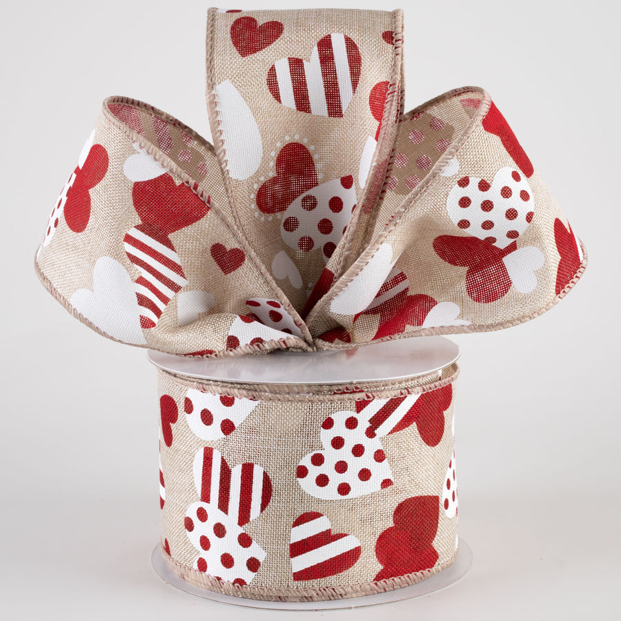 2.5" Striped & Dotted Hearts Linen Ribbon: Natural, Red, White (10 Yards)