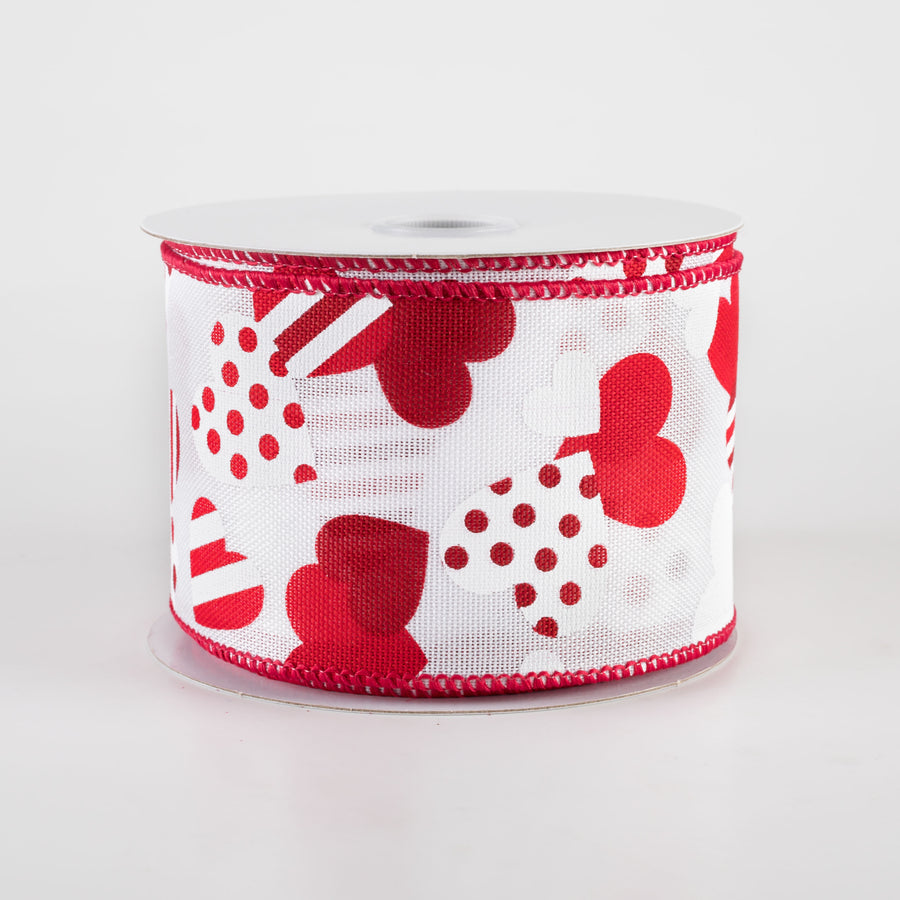 2.5" Striped & Dotted Hearts Linen Ribbon: Red & White (10 Yards)