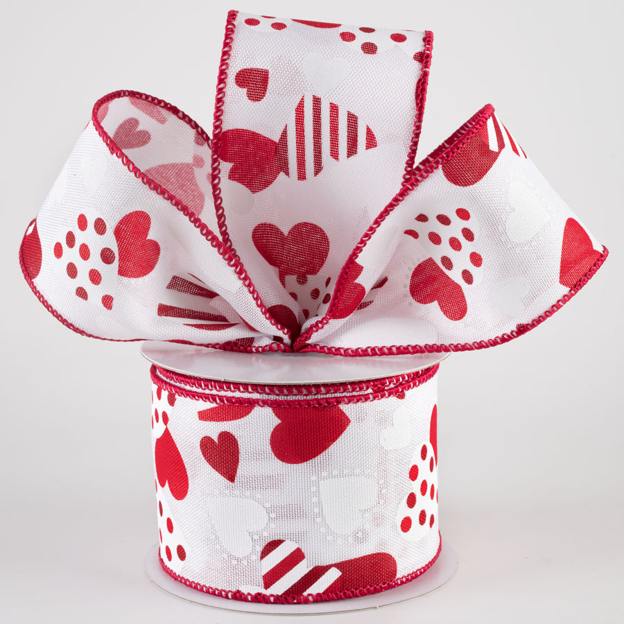 2.5" Striped & Dotted Hearts Linen Ribbon: Red & White (10 Yards)
