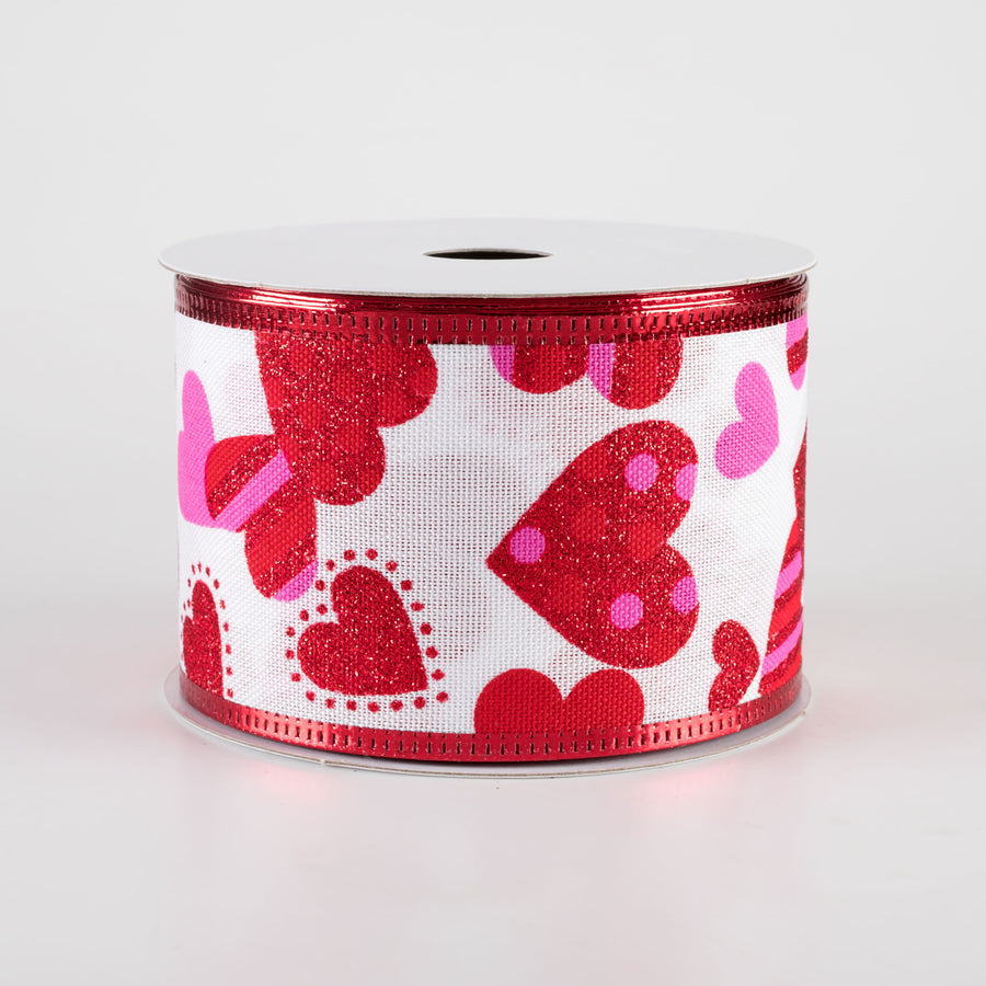 2.5" Dot & Stripe Hearts Linen Ribbon: White, Red, Pink (10 Yards)