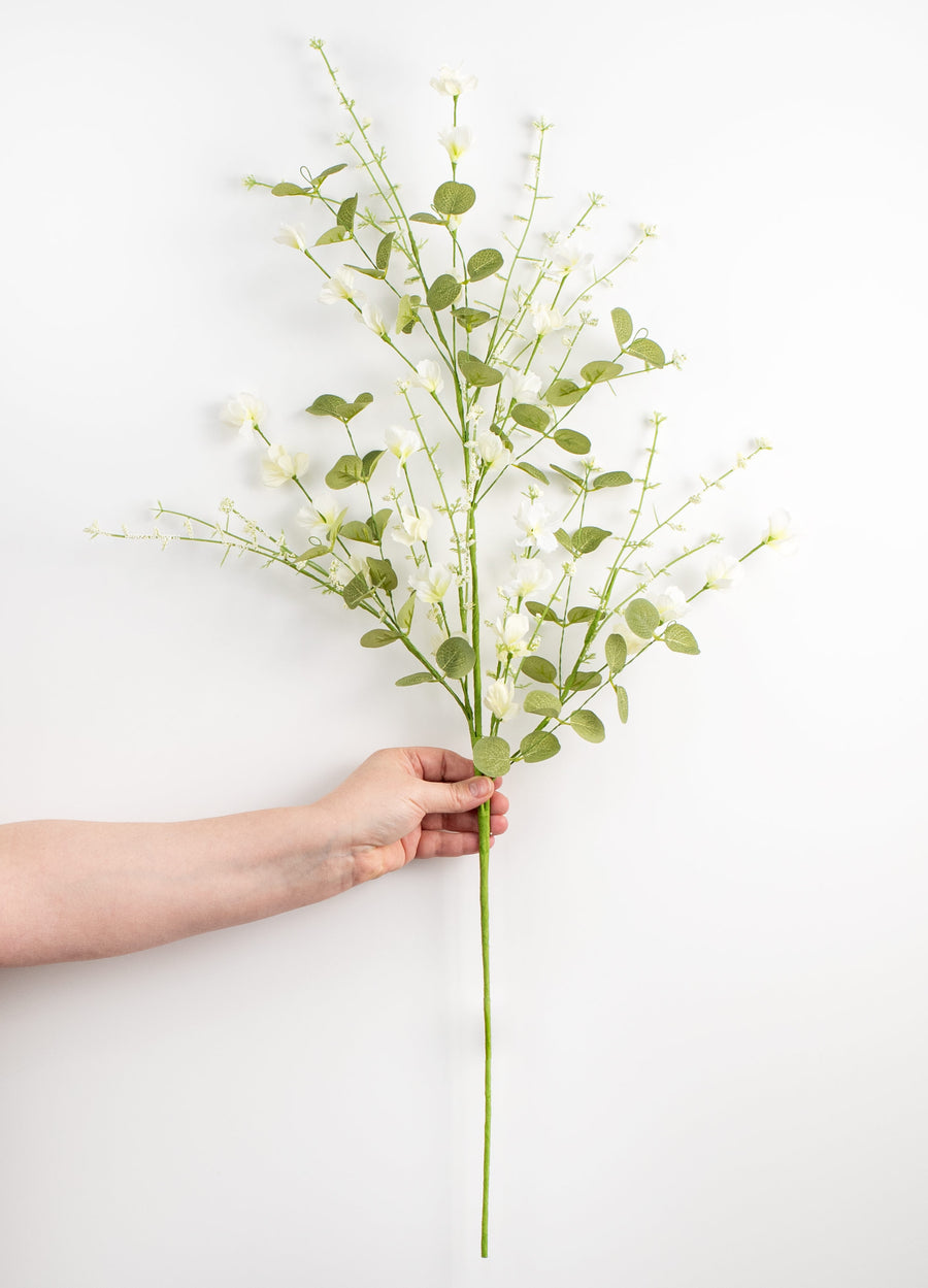 31" Fabric Flower Eucalyptus Spray: Cream White