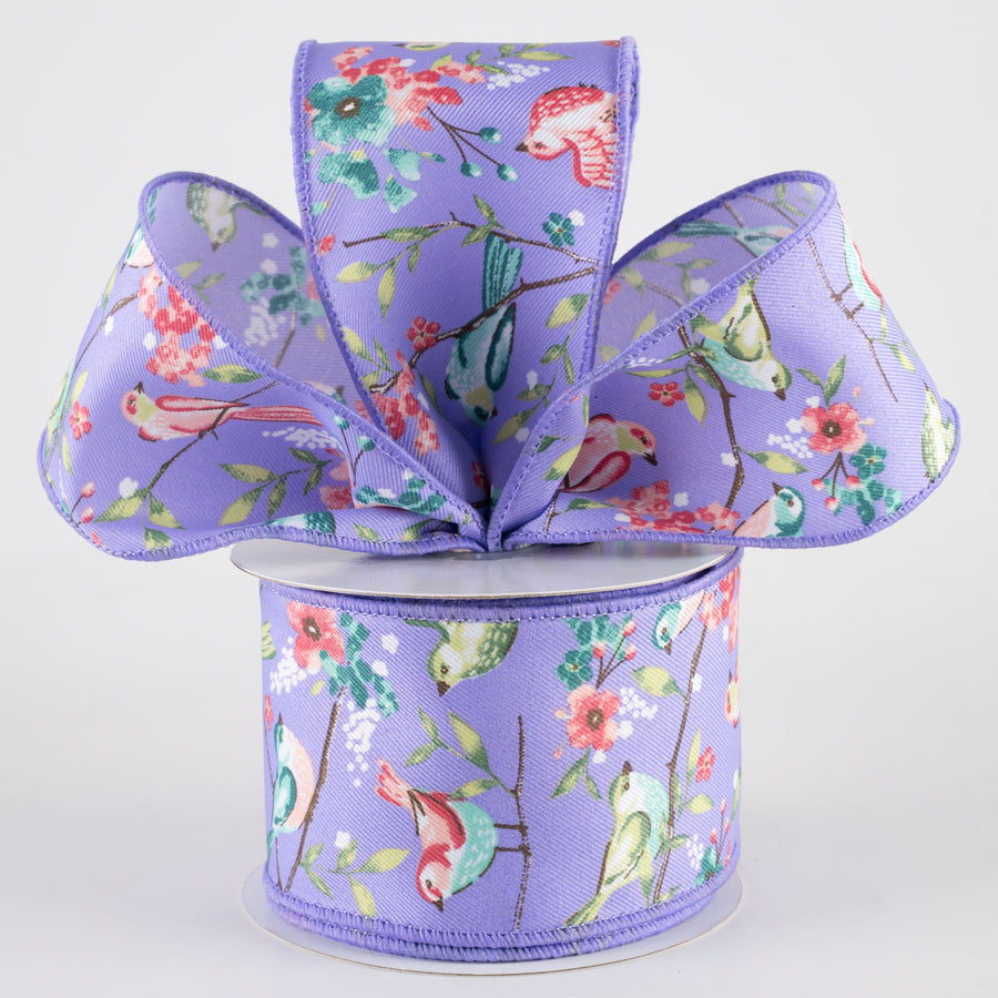 2.5" Birds With Floral Branches Ribbon: Lavender & Pink (10 Yards)