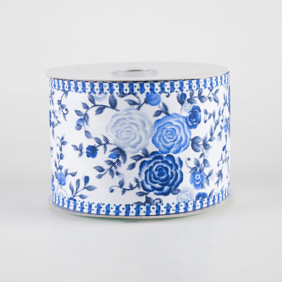 2.5" Mini Roses Stripes Edge Ribbon: Blues (10 Yards)