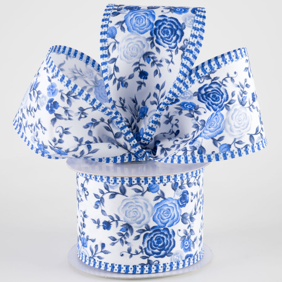 2.5" Mini Roses Stripes Edge Ribbon: Blues (10 Yards)