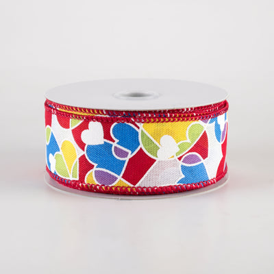 1.5" Overlapping Hearts Linen Ribbon: Yellow, Blue, Purple, Red (10 Yards)