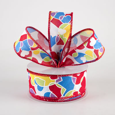 1.5" Overlapping Hearts Linen Ribbon: Yellow, Blue, Purple, Red (10 Yards)