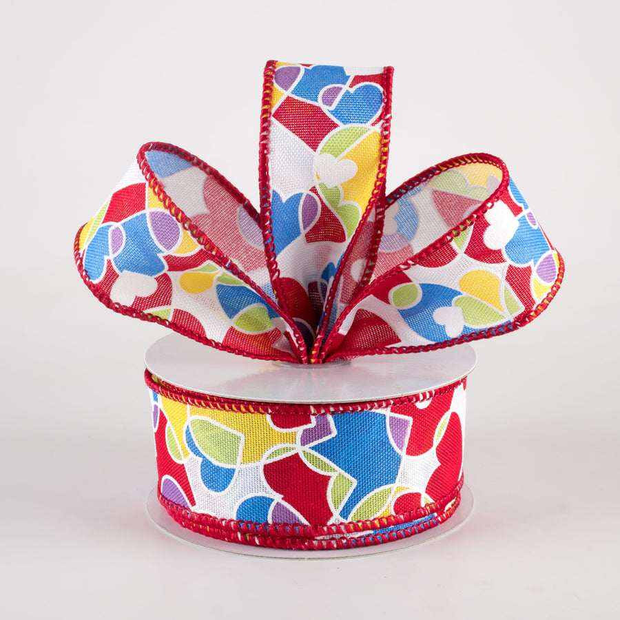 1.5" Overlapping Hearts Linen Ribbon: Yellow, Blue, Purple, Red (10 Yards)