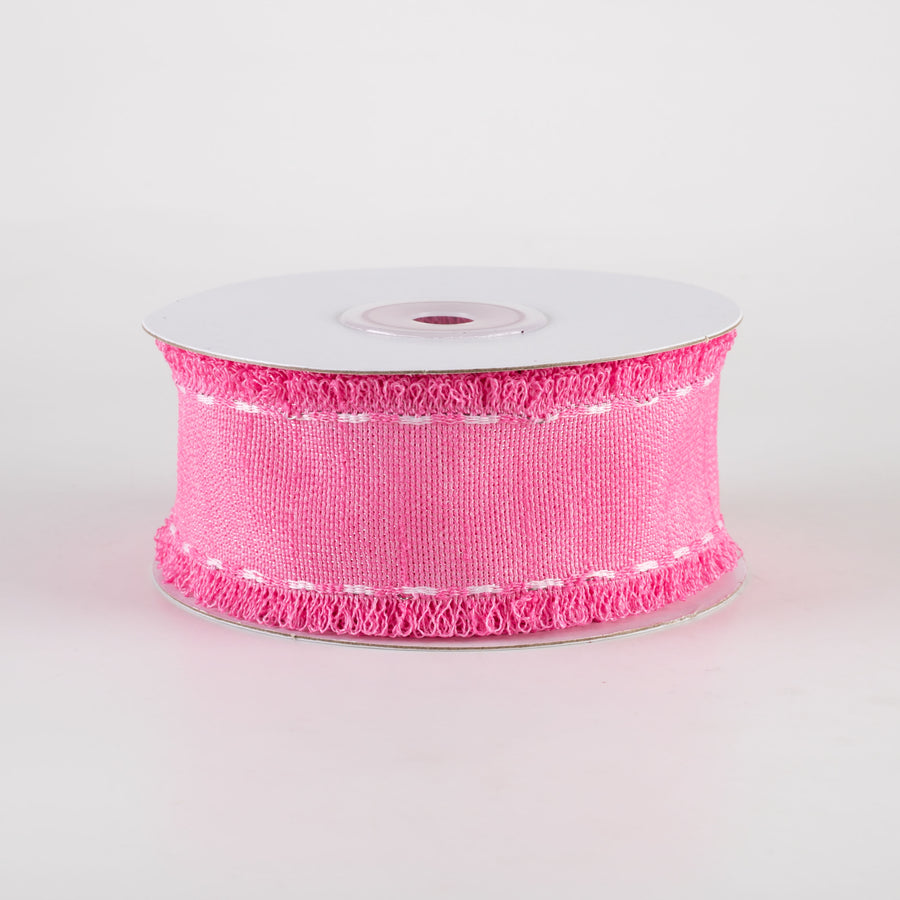 1.5" Slub Fuzzy Edge Ribbon: Hot Pink & White (10 Yards)