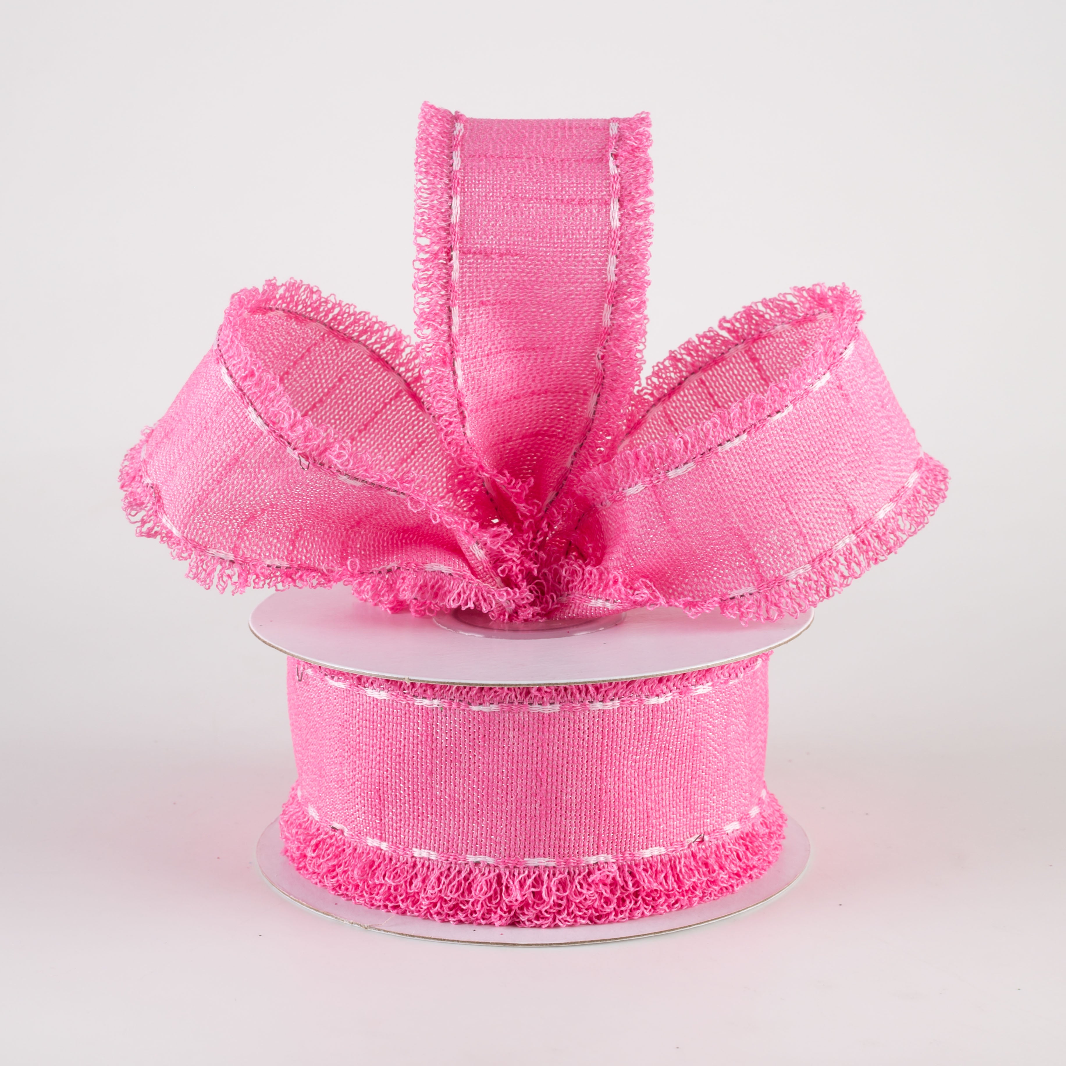 1.5" Slub Fuzzy Edge Ribbon: Hot Pink & White (10 Yards)